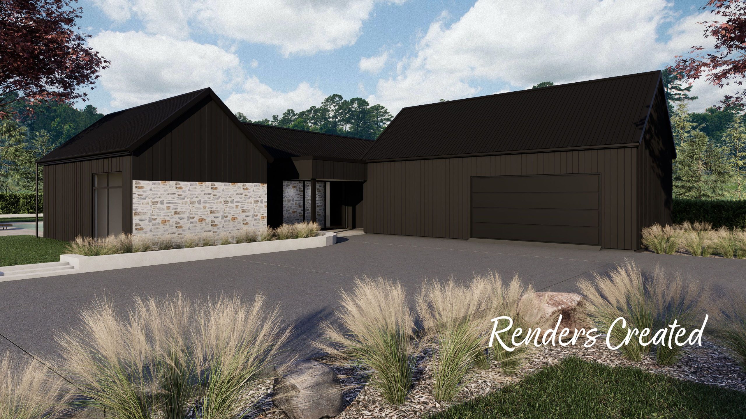 render of Striking modern farmhouse with black and cedar exterior in West Melton