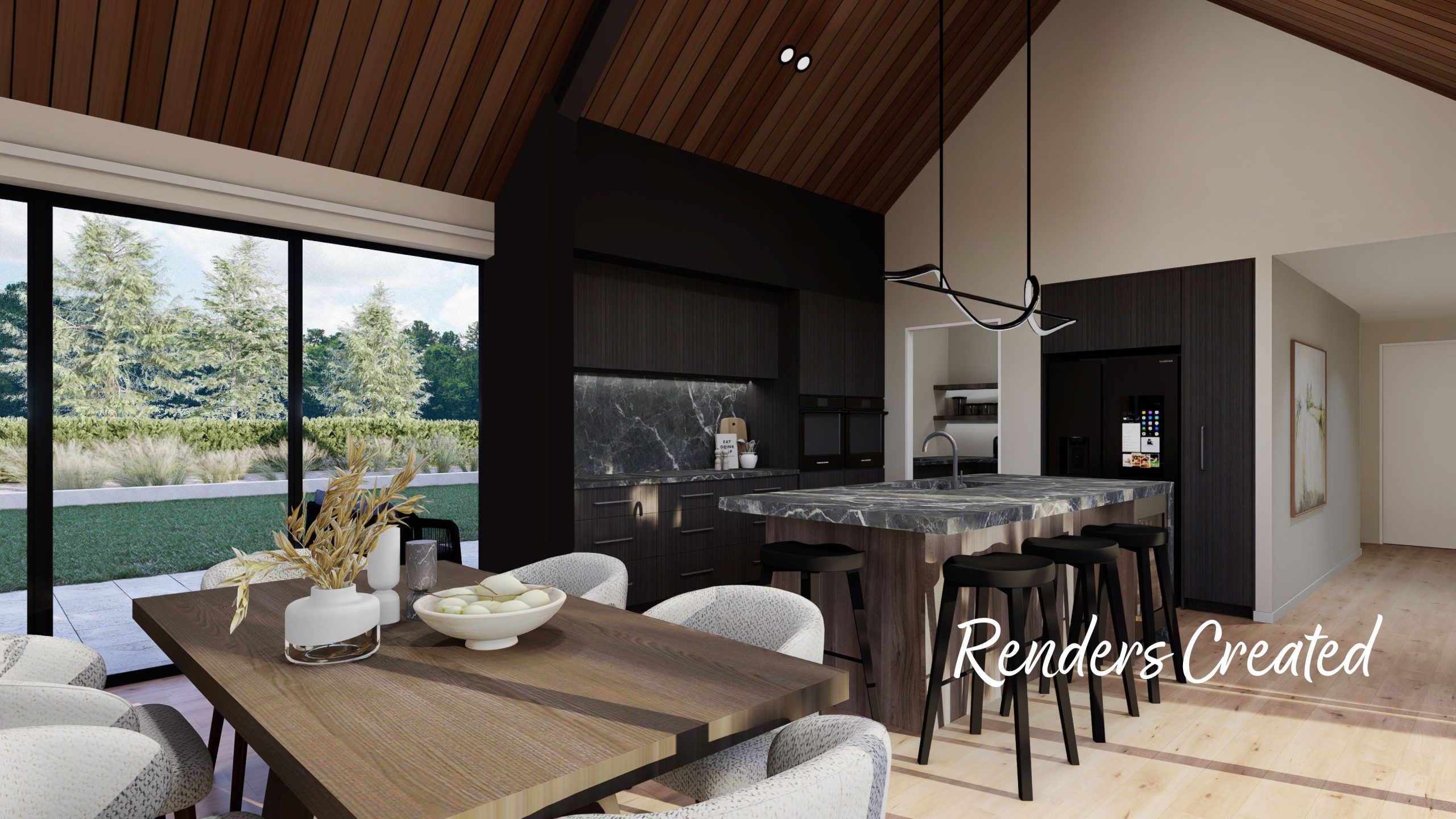 interior render of Large open-plan kitchen with butler’s pantry, stone benchtops and pendant lights