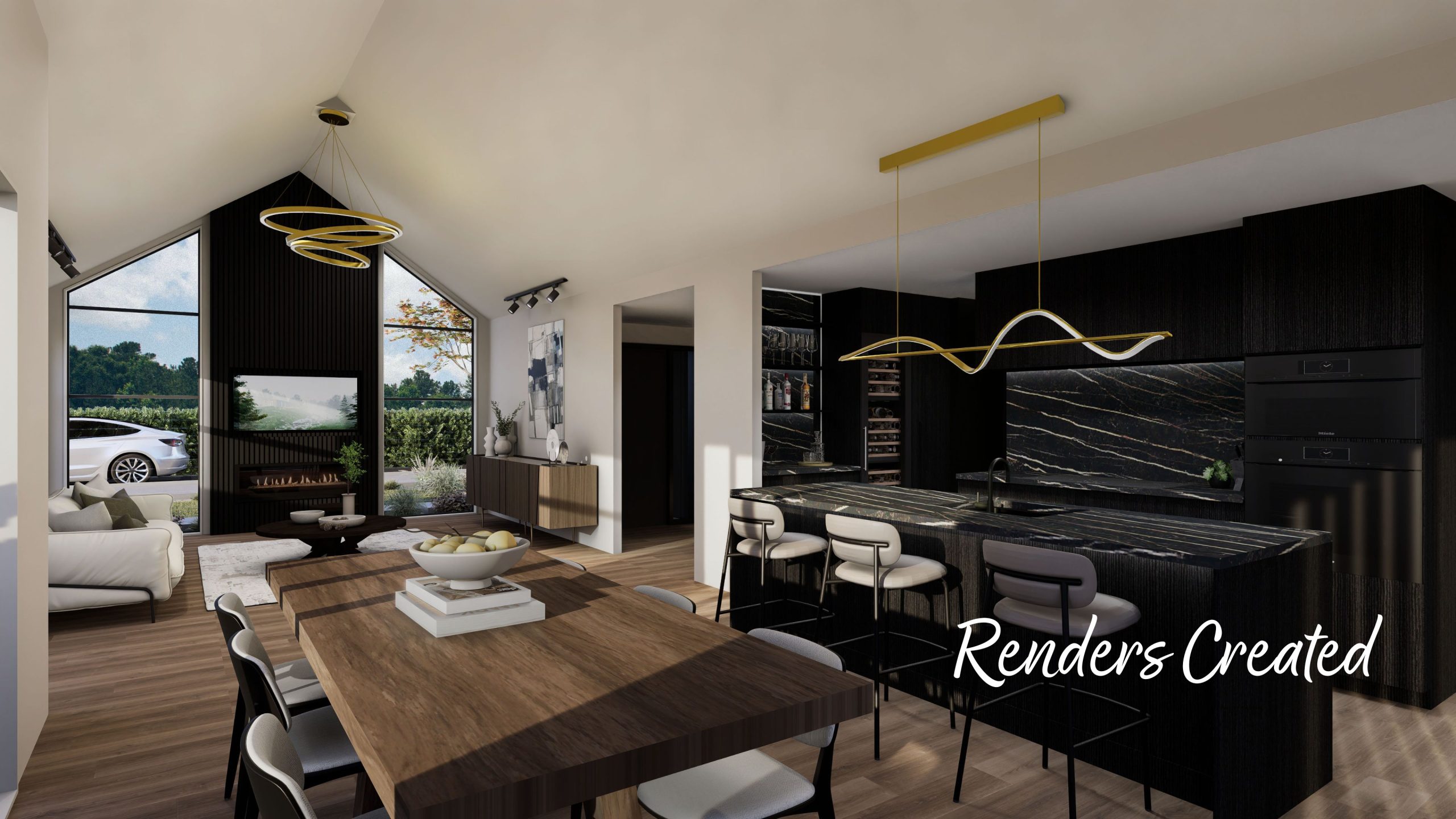 Render of designer kitchen with waterfall island, sleek cabinetry, and gold accents