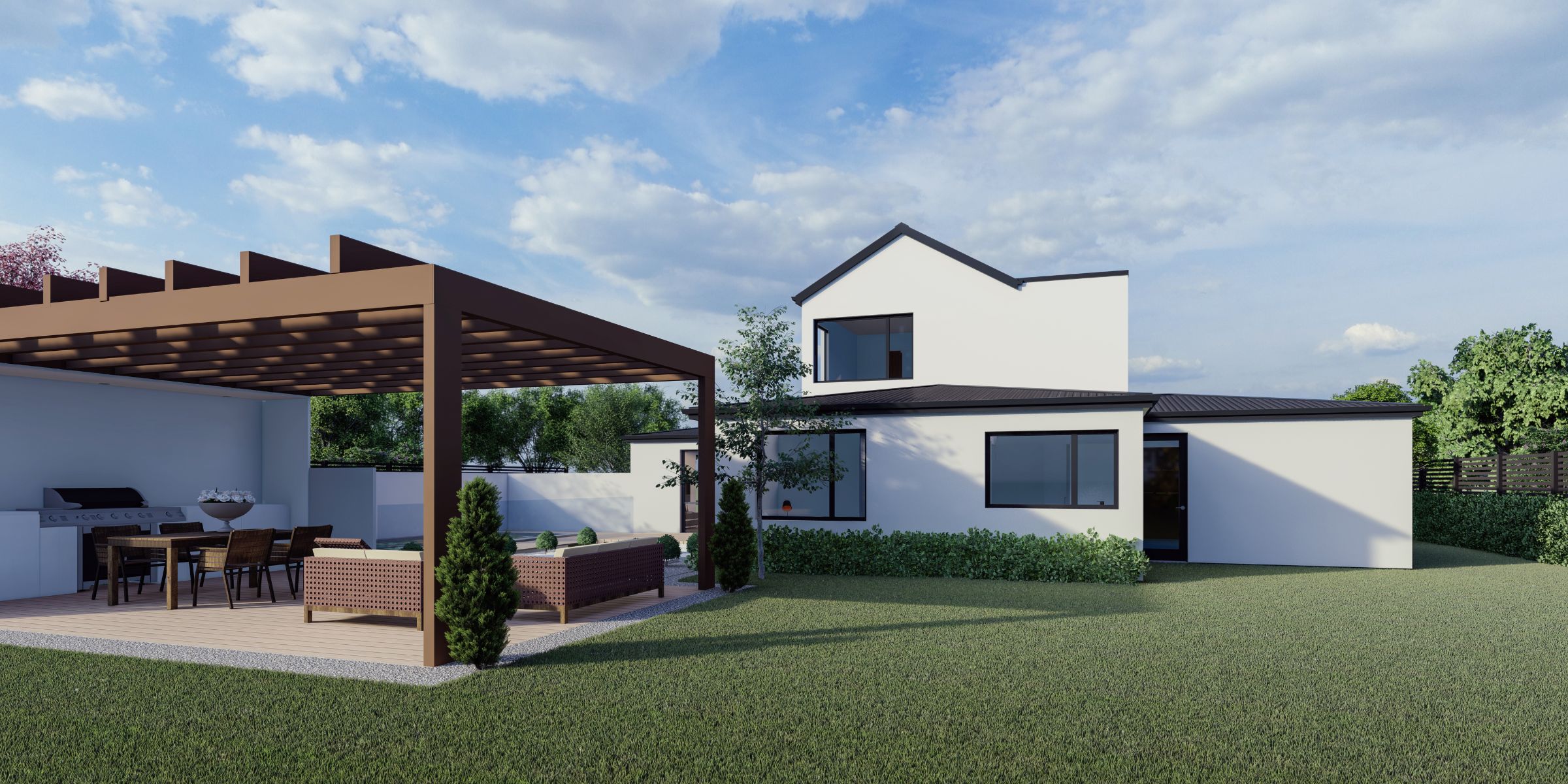 Contemporary front exterior of a two-storey home featuring clean lines and modern materials.