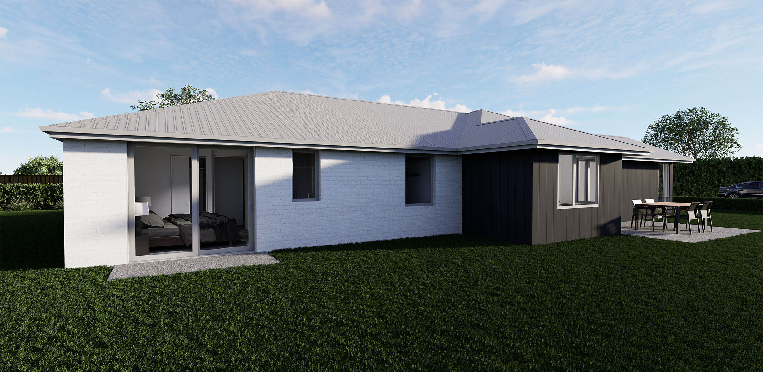 back render of spacious four-bedroom family home with double garage